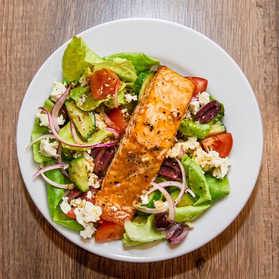 A grilled salmon fillet on a fresh green salad with feta, olives, tomatoes, and red onion.